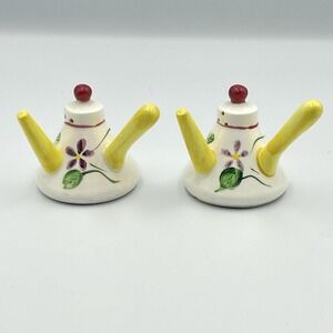 Vintage Japan Teapot Salt Pepper Shakers Hand Painted Flowers 2.5" Ceramic